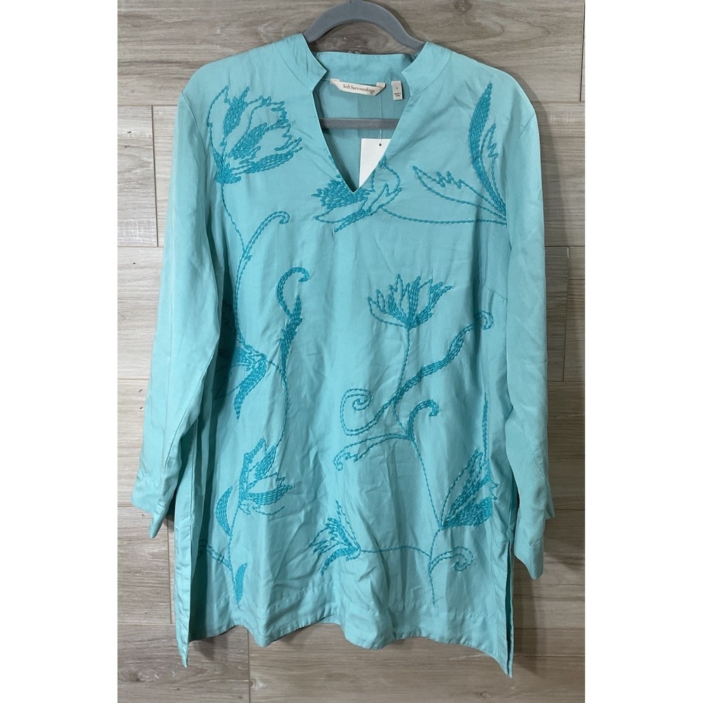 NEW Women's L SOFT SURROUNDINGS Aqua Blue Floral Embroidered Tunic Top Blouse
